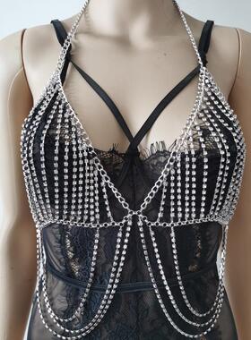 欧美流行身体链N2251朋克金属水钻银色胸链夜店舞台演出拍摄饰品