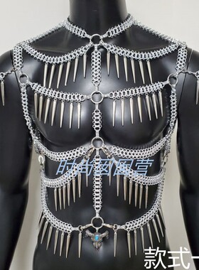欧美男士8字链铆钉项链 个性恶魔镶石牛头挂件身体链夜店演出配饰