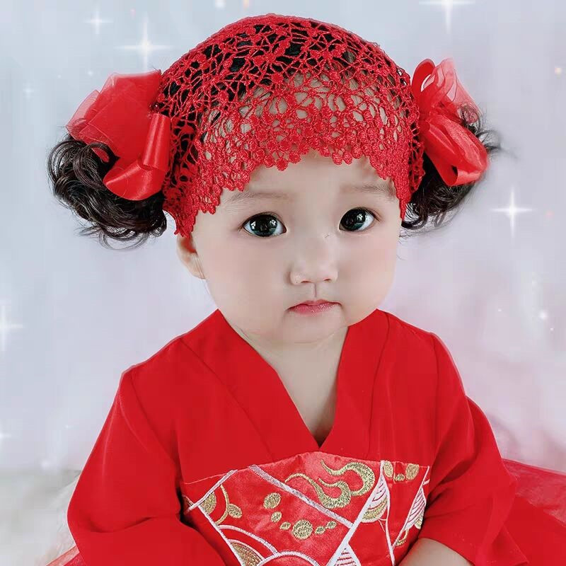 女童假发发饰婴儿头饰发网百日周岁拍照摄影韩版可爱蝴蝶结发带