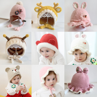 女宝可爱卡通毛绒公主帽子小鹿圣诞针织毛线帽出游逛街0-2岁春秋1