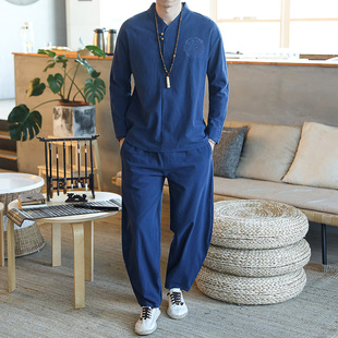 春秋季棉麻睡衣男长袖长裤中国风汉服青年宽松加大码家居服可外穿