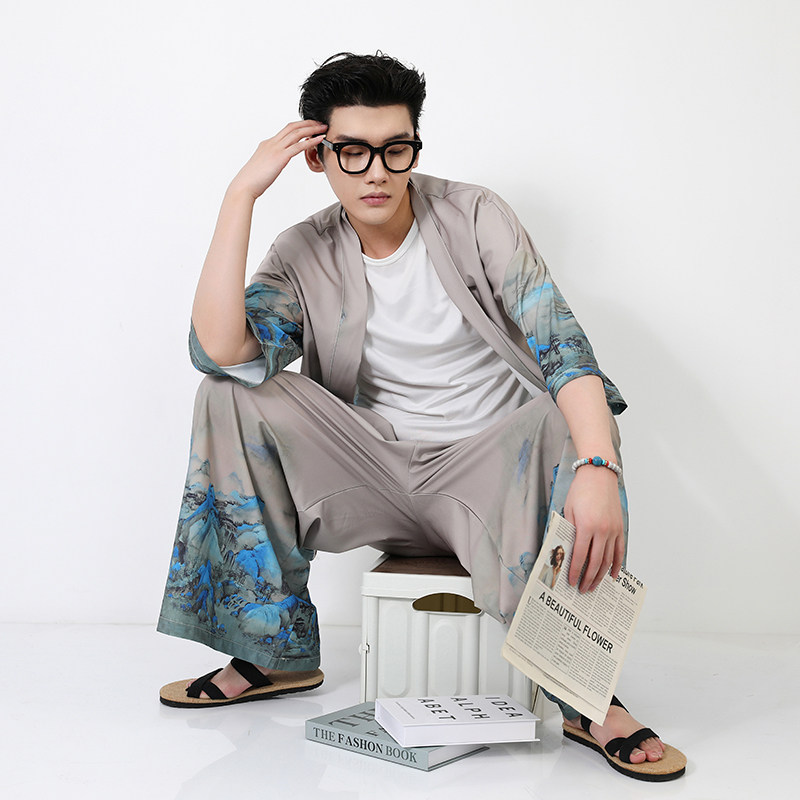 中国风男士睡衣冰丝套装夏季薄款