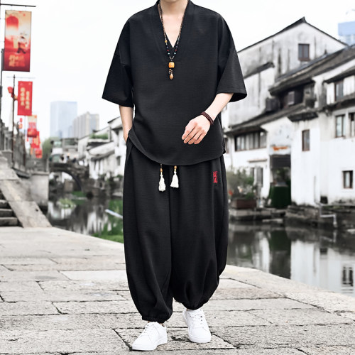 夏季新中式男士亚麻家居服套装