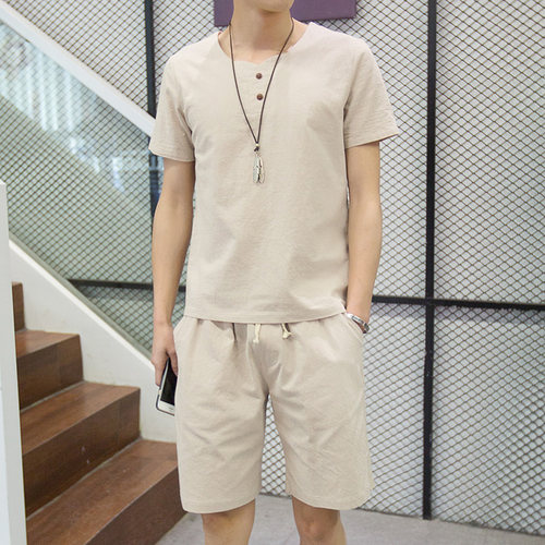 夏季男士棉麻短裤两件套家居服