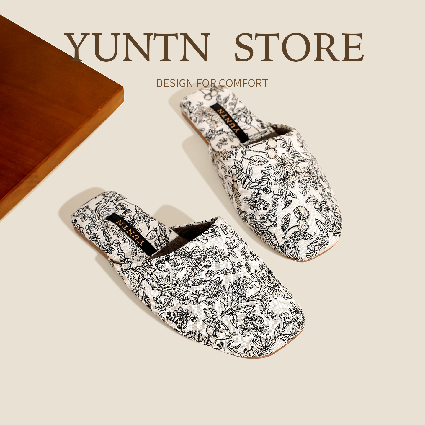 秋冬中古风朱伊纹绣花棉拖