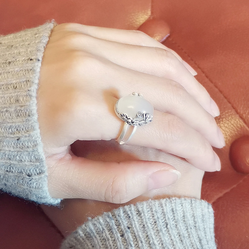 宝石银戒指女纯银白玉髓玉石水晶镶嵌冰种复古国潮女款宫廷花食指
