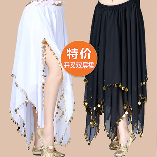 新款肚皮舞裙子下装雪纺珠边裙印度舞蹈表演开叉半身裙长裙女