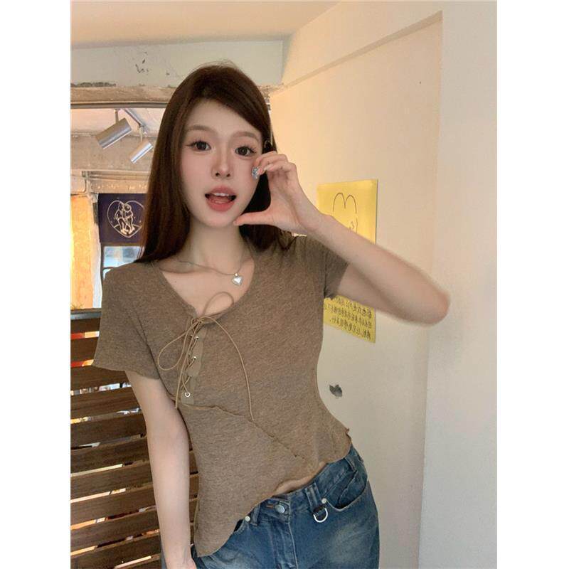 短袖T恤女设计感不规则纯欲辣妹正肩u领专供外贸跨境东南亚欧美风