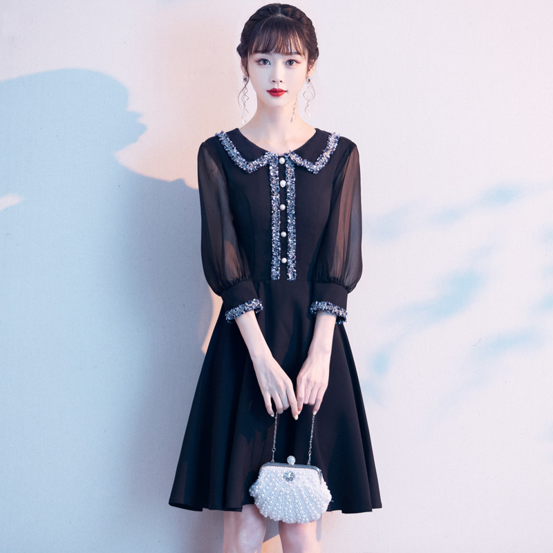 黑色晚礼服女轻奢小众平时可穿气质宴会连衣裙小个子法式洋装显瘦_虎窝淘