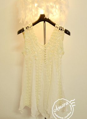 15性感钩花镂空透视V领不规则A字连衣裙背心裙沙滩裙针织套头罩衫