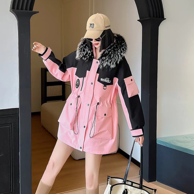 2025年轻时尚派克服女中长款可拆卸真獭兔毛内胆大毛领皮草外套冬