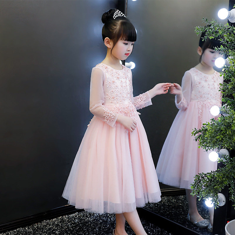 秋装网纱长袖女童长款礼服裙长裙花童公主裙儿童春秋钢琴表演出服