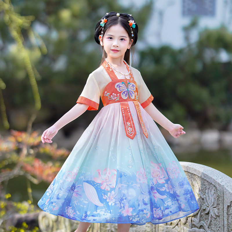 儿童古装超仙汉服女童连衣裙中大童小女孩表演服装短袖中国民族风