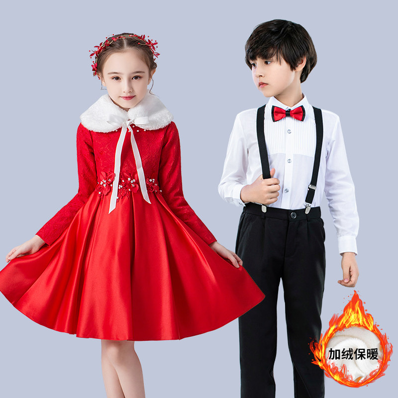 红色儿童长袖大合唱服钢琴幼儿园男女小学生公主裙表演出服装主持