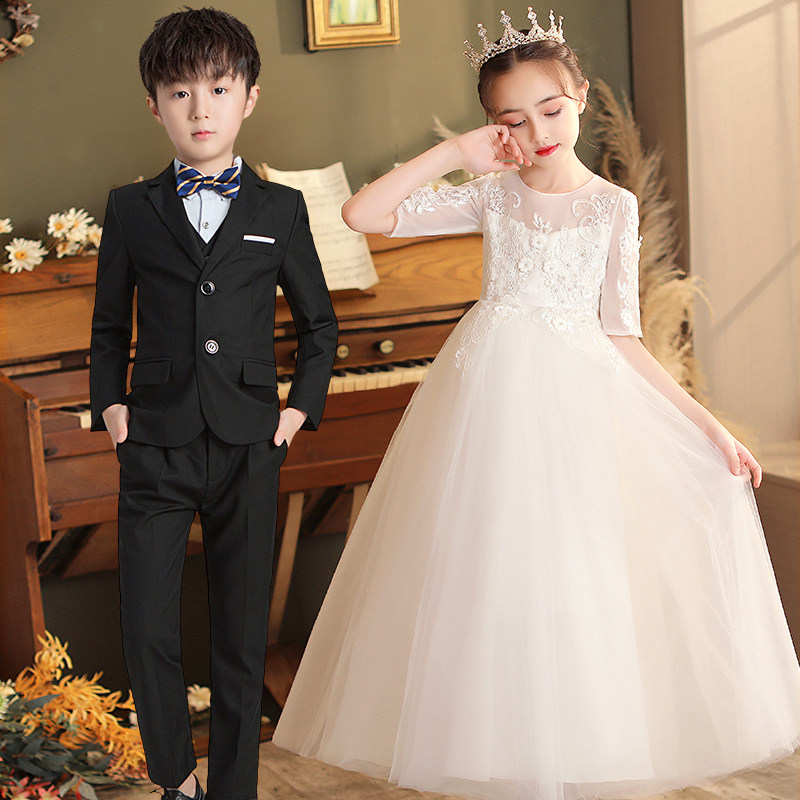 儿童钢琴主持人长款礼服裙男女花童表演出服装幼儿园小学生西装套