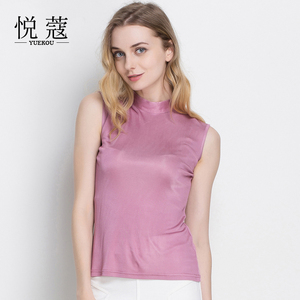 悦蔻秋冬真丝半高领无袖T恤背心女桑蚕丝修身显瘦打底衫真丝上衣
