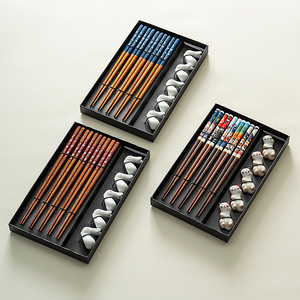 onlycook日式实木筷子筷托精致套装可机洗家用尖头木质筷餐具礼盒