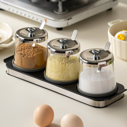 onlycook 轻奢厨房玻璃调味罐家用304不锈钢调料盒调料罐组合套装