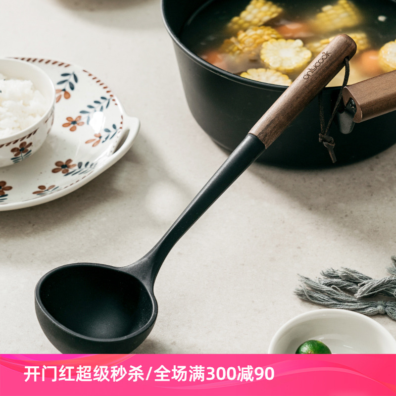 onlycook日式食品级硅胶汤勺家用木把粥勺长柄勺子大汤匙盛汤专用-封面