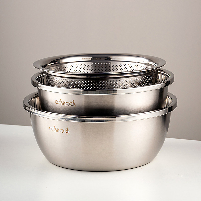 onlycook 加厚304不锈钢盆三件套洗菜盆沥水篮和面盆滤水套盆米筛