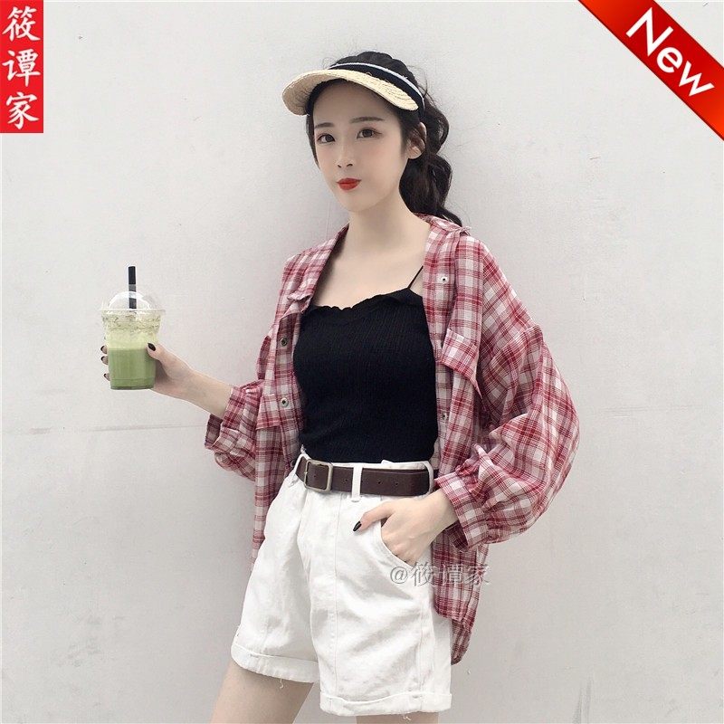 黑白格子防晒衬衫2024夏季女新款韩版东大门BF宽松蝙蝠灯笼袖上衣