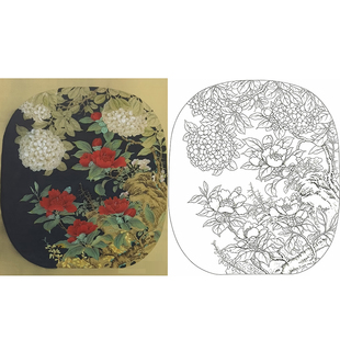 工笔画底稿工笔花卉绣球茶花寿珠宝相图白描222#打印稿宣纸稿
