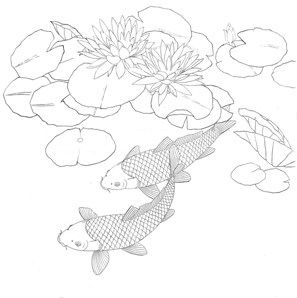 工笔画底稿 鱼稿睡莲双鲤鱼图斗方白描 18#打印稿 宣纸稿学习临摹