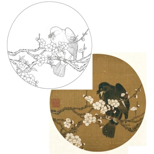 工笔画底稿工笔 宋佚名八哥白梅图图白描229#打印稿 宣纸稿