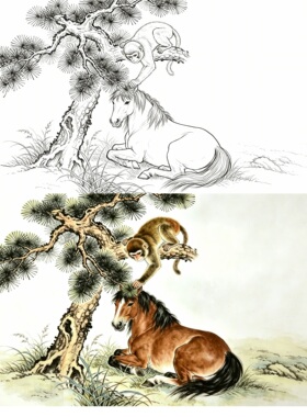 工笔画底稿工笔猴马上封侯横幅参考白描4#打印稿
