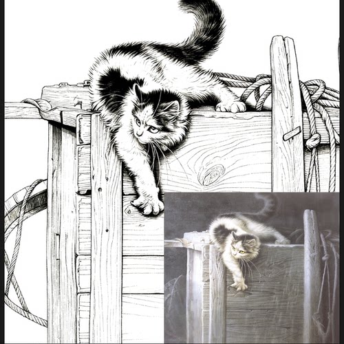 工笔画底稿工笔猫斗方小品白描28#打印稿宣纸稿