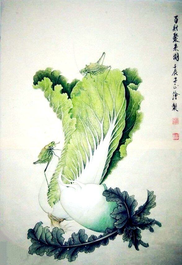 工笔画底稿果疏工笔白菜萝卜斗方小品白描6#打印稿 宣纸稿