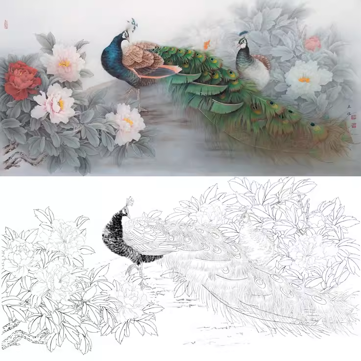工笔画底稿工笔4尺牡丹孔雀横幅白描10#打印稿学习临摹