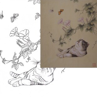 工笔画底稿 国画工笔花卉蝴蝶猫斗方白描12#打印稿学习临摹