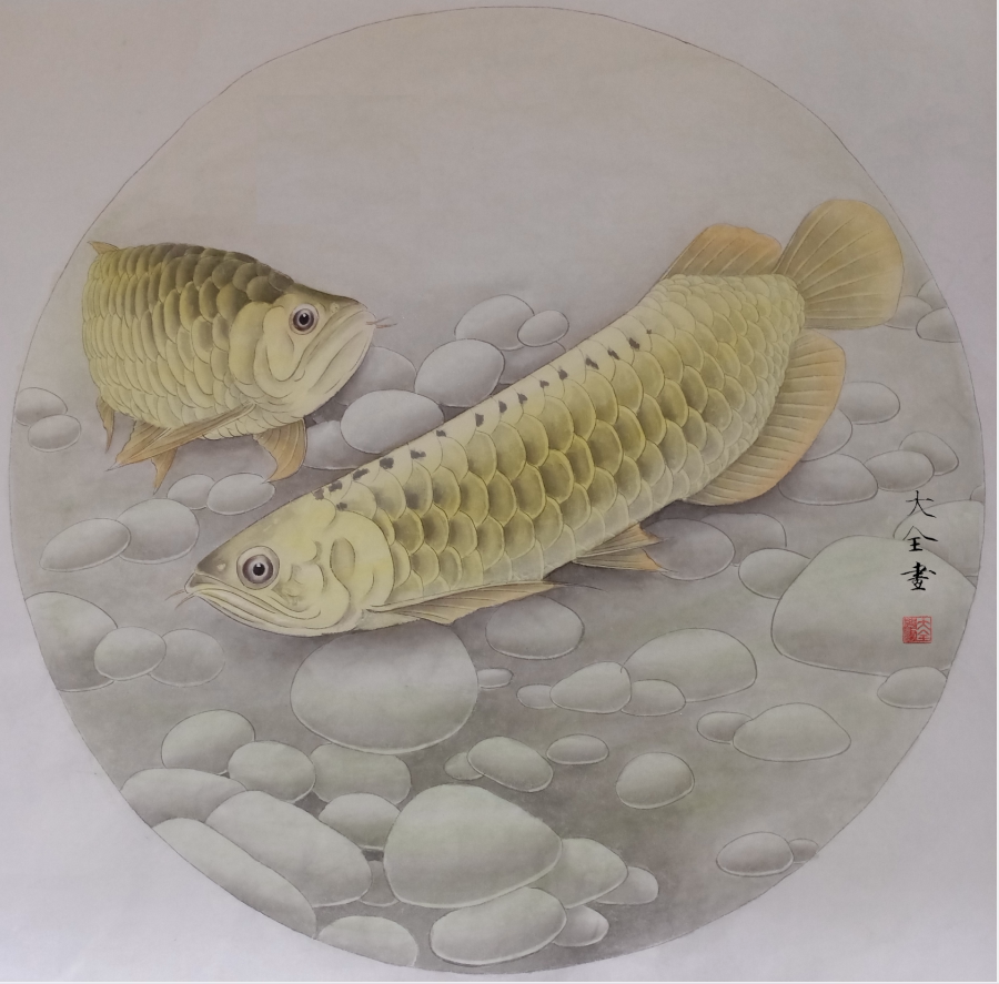 工笔画底稿工笔金龙鱼白描团扇22#打印稿宣纸稿有步骤图 文字