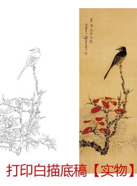 工笔画底稿4尺竖幅红叶小鸟白描打印稿宣纸稿学习临摹