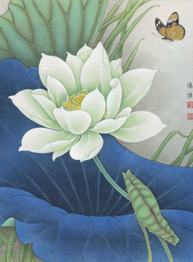 荷花小品蝴蝶白描打印稿工笔画
