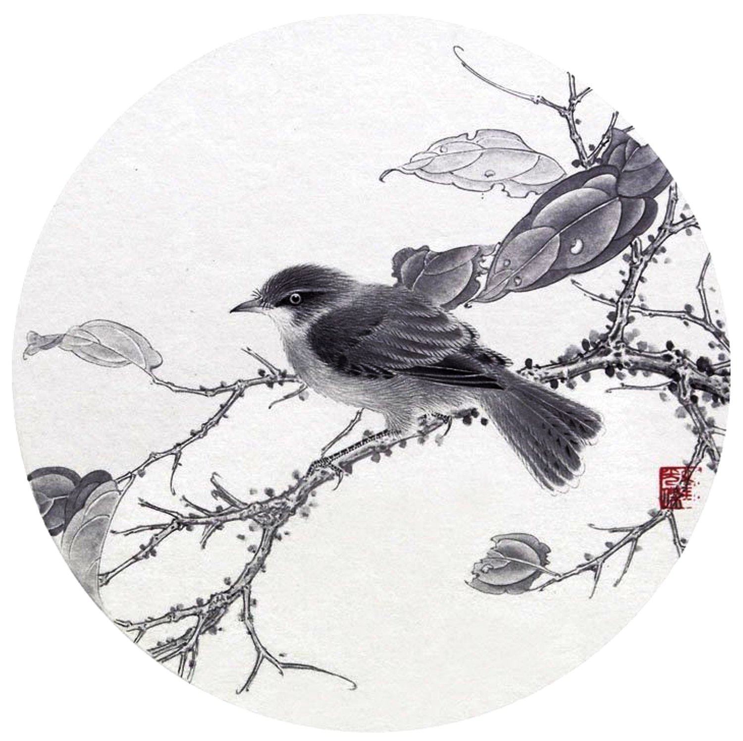 工笔画底稿 水墨花鸟团扇小品白描15#打印稿宣纸稿 本店拷贝