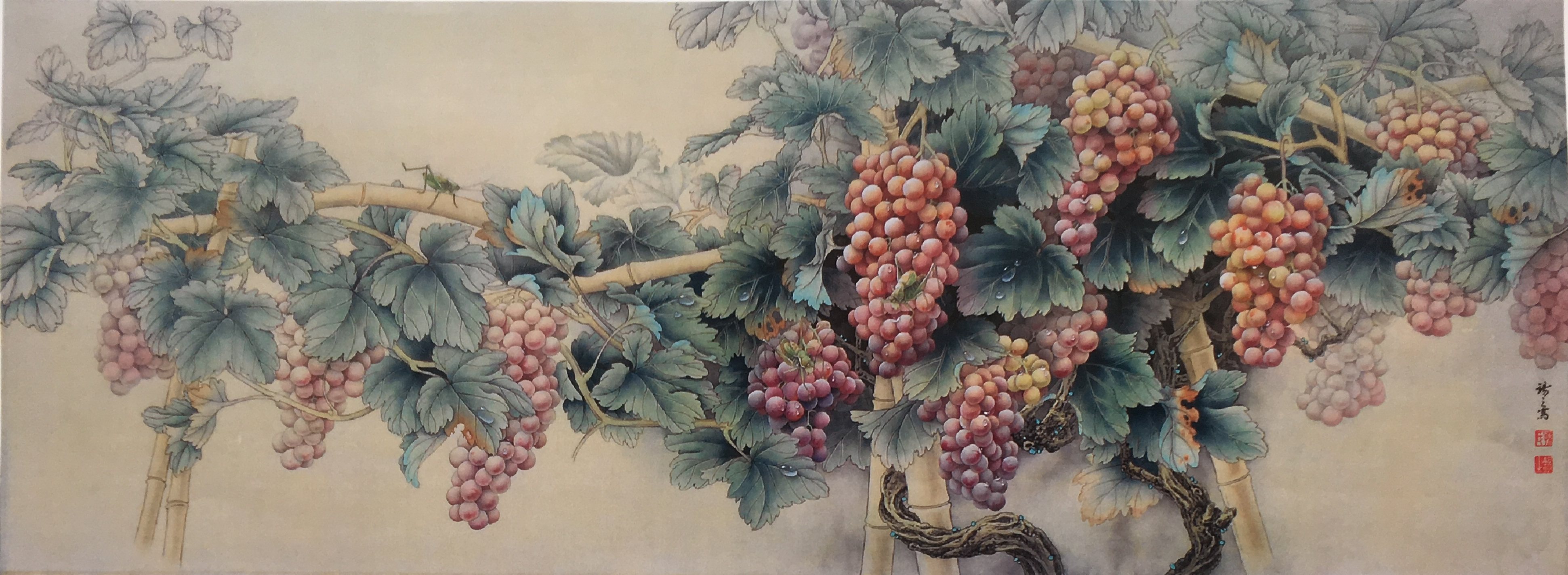 工笔画底稿 孙锡之4尺工笔葡萄蝈蝈横幅白描97# 打印稿