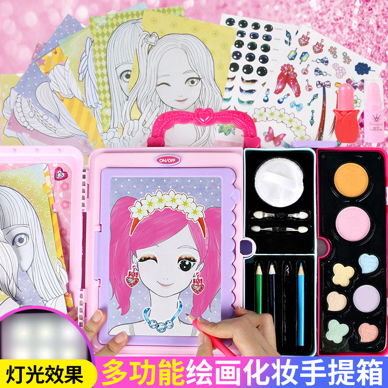 儿童灯光绘画彩妆箱多功能绘画板手提箱套装临幕彩妆过家家