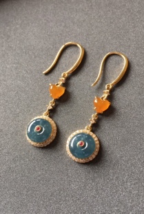 【赏】木易日辰 天然翡翠A货冰蓝水雪花棉平安扣18k金钻石耳环