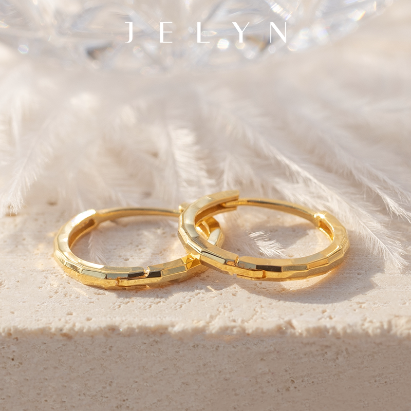 马赛克车花质感耳圈玥景18K玫瑰金彩金750新潮男女光面耳圆圈耳环