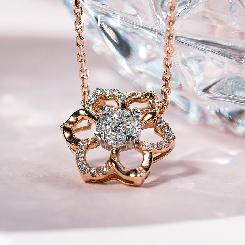精致繁花克拉钻石吊坠玥景18K玫瑰金AU750拼镶礼物时尚项链锁骨链