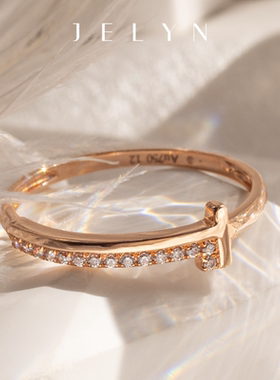 甜酷帅气设计质感玥景18K玫瑰金750彩金网红大牌T型锆石尾戒指环