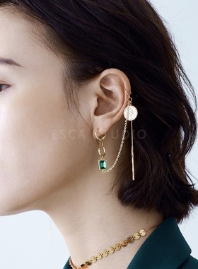 ESCA STUDIO 原创设计硬币锆石水晶珍珠流苏耳环耳夹耳骨链祖母绿