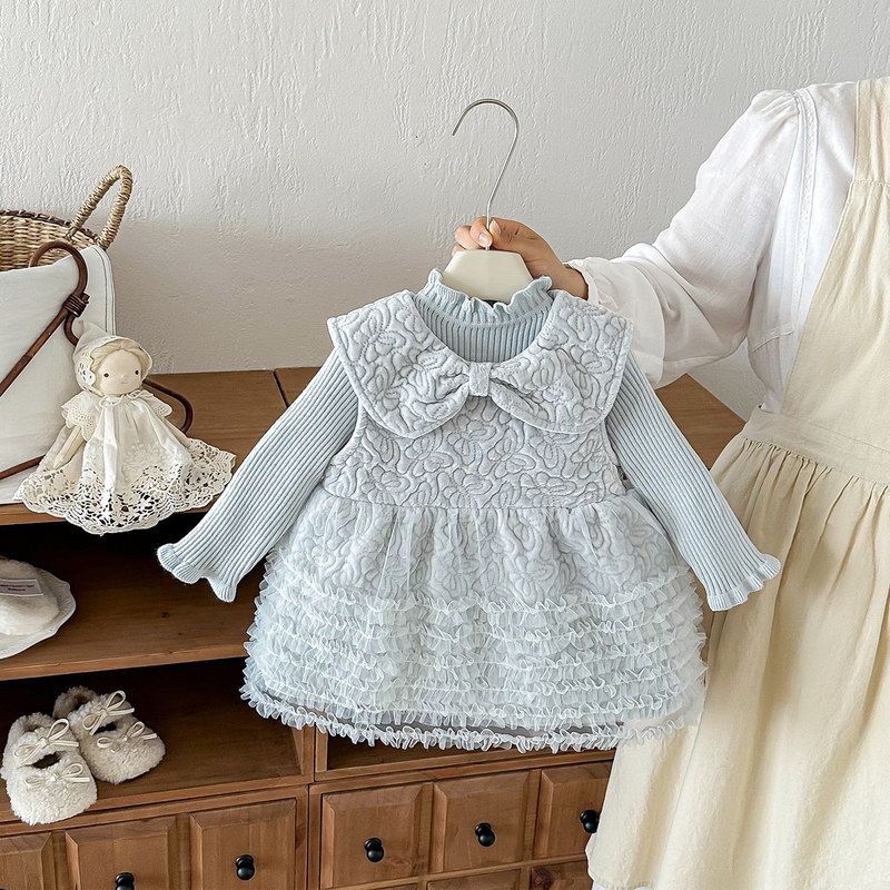 衣服洋气打底衫女宝宝两件套秋冬婴幼儿背心裙甜美薄棉套装针织童