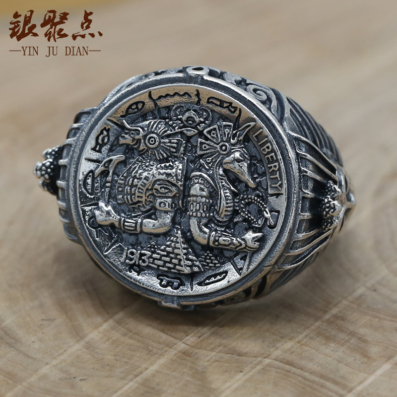 正品S925纯银饰品夸张个性古埃及神指环复古荷鲁斯阿努比斯戒指潮