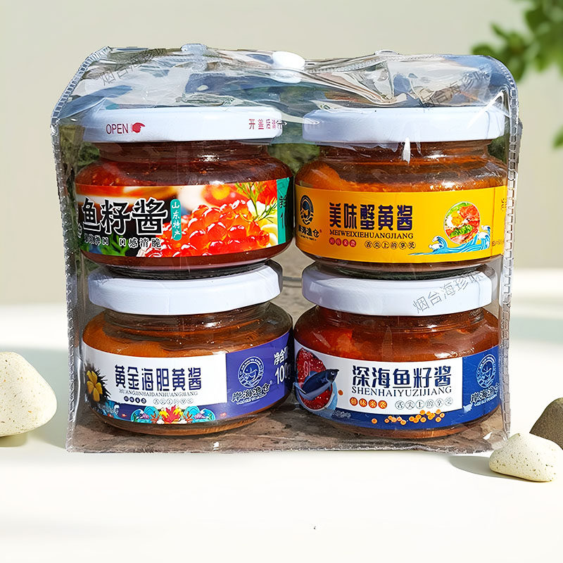 四瓶装岸海渔仓 美味海鲜酱山东特产烟台海胆 蟹黄鱼籽酱手袋礼袋