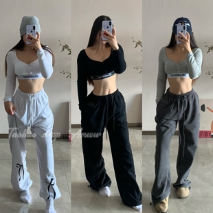 Asuxw 美式超绝性感辣妹长袖女美背跳舞运动健身系扣方领文胸上衣