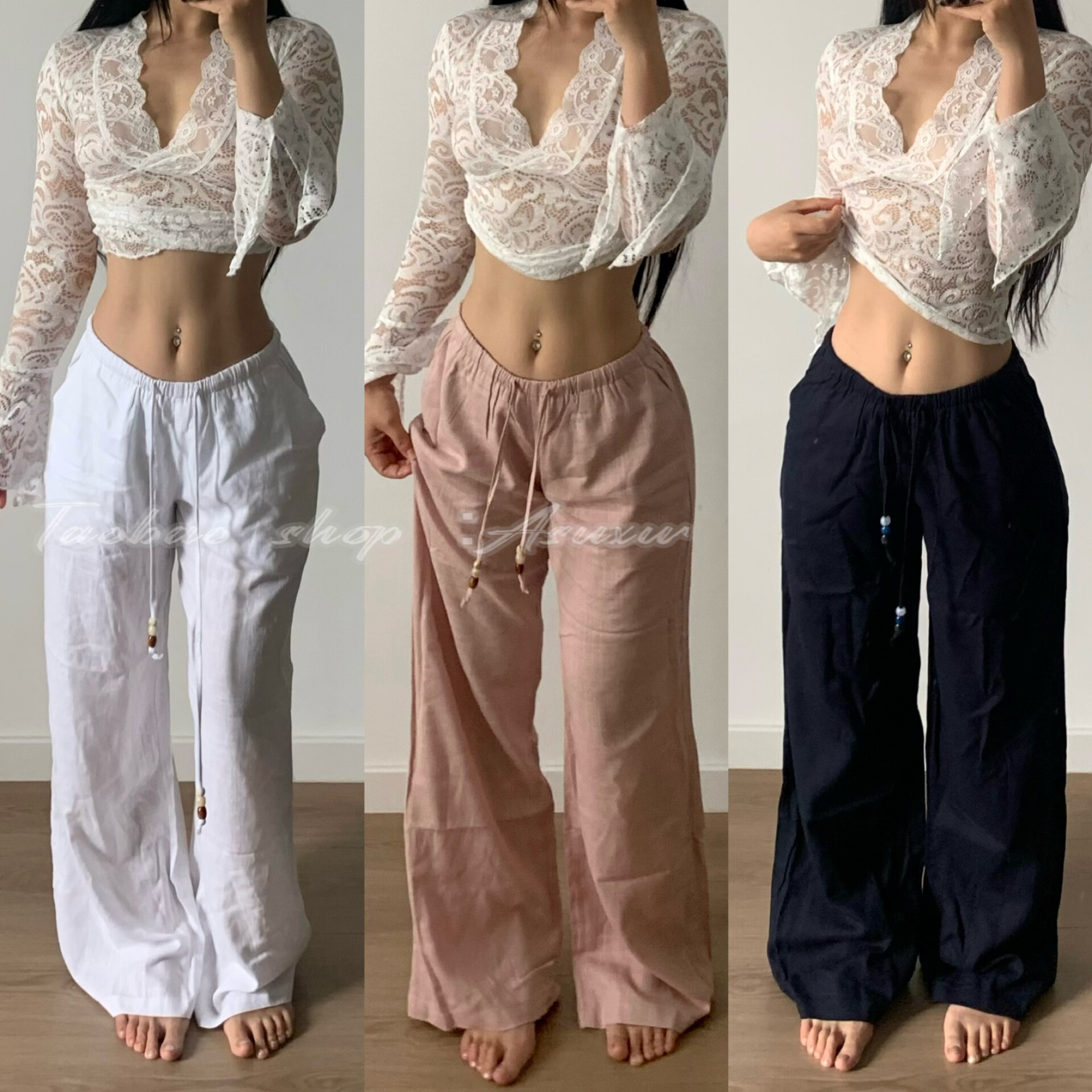 老钱风松紧腰阔腿棉麻休闲裤女