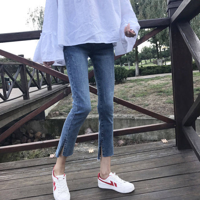 微喇叭牛仔裤女高腰梨形身材新款韩版直筒宽松显瘦学生破洞九分裤